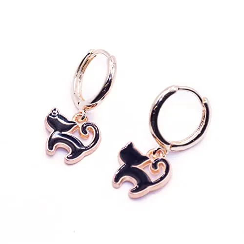 ZARZAMORA Pendientes Niña Gato- Aro Chapado en Oro de 14 quilates-Aretes Colgantes Diseño Gatitos Esmaltados Divertidos en Varios Colores-Fácil de Usar- Regalo Original (Negro)