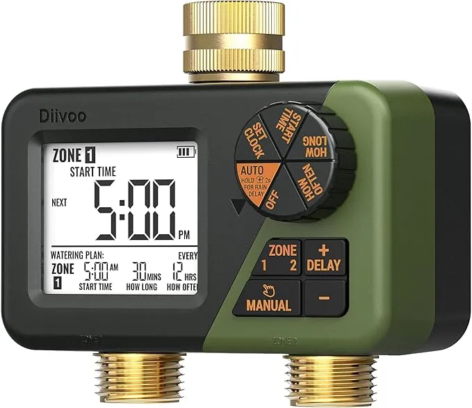 Diivoo Programador Riego con Entrada y Salida de Latón, Temporizador Riego Automatico Impermeable IP66 con Retraso por Lluvia, Riego Manual, Programador Riego para Jardín, Césped