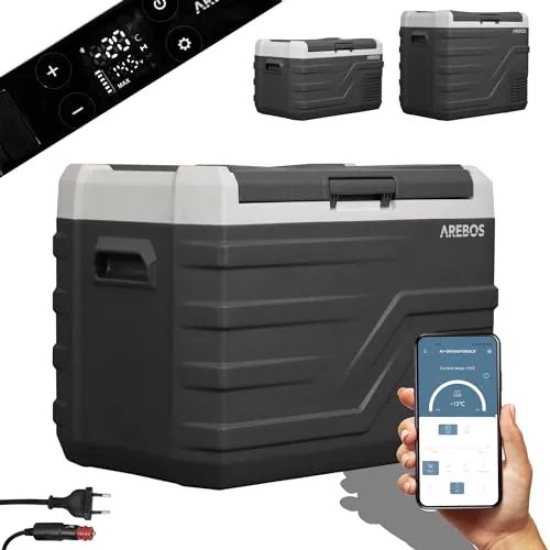 Arebos Nevera con compresor 35 litros | Congelador eléctrico con control APP para enfriar, congelar y mantener caliente | Frigorífico hasta 20 °C | Nevera para coche con puerto USB, 12/24 V 230V | an