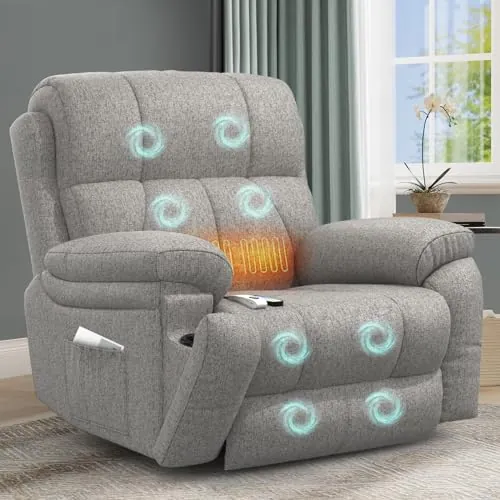 Sillón Relax Reclinable para Personas Mayores, con Masaje y Calor, Reposapiés Extensible, Puertos USB tipo C+, Portavasos Ocultos y dos bolsillos laterales,Reclinable Extragrande tipo Sofá para salón
