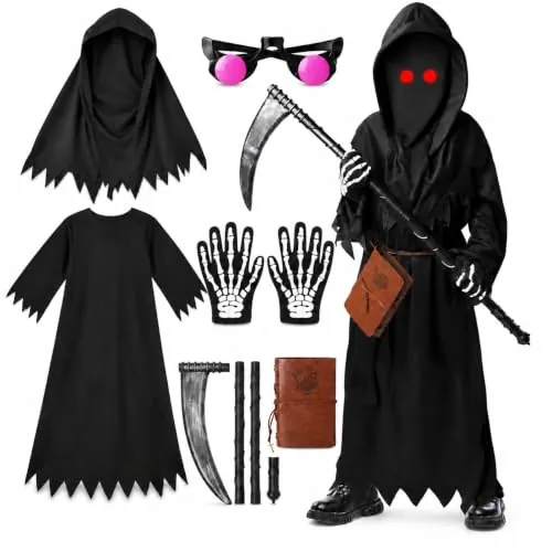 Lozzzyo Disfraz Halloween Niñom, Halloween Costume muerte Niño con Gafas Luminosas Cuaderno de Muerte y Guantes, Disfraz Scream niño Halloween y otros atuendos de temática terrorífica (S (4-5 Años))