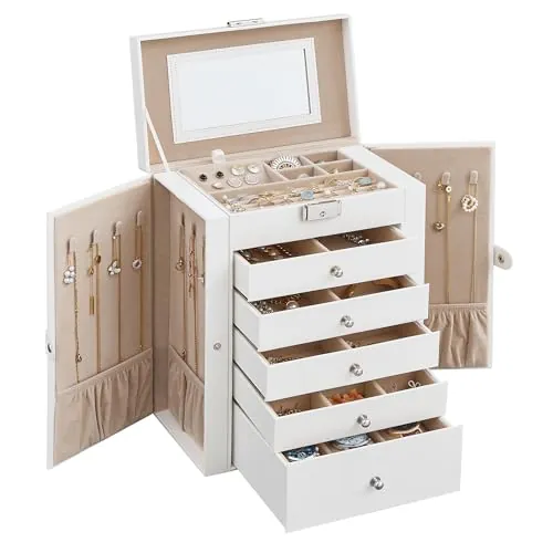 SONGMICS Caja Joyero de 6 Niveles, con 5 Cajones, Espejo, Cerradura | Caja para Joyas, Almacenaje de Joyas, Gran Espacio, Interior con Espejo, Blanco Nube y Marrón Camello, BRIDIE JBC152W01
