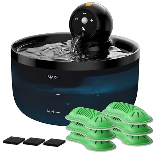 Fuente para Gatos con Sensor: Fuentes de Agua para Gato Inalambrica - Bebedero Perros Automatico Recargable sin Cable - Dispensador Agua Perro con Batería - con 6 Filtros + 3 Esponjas