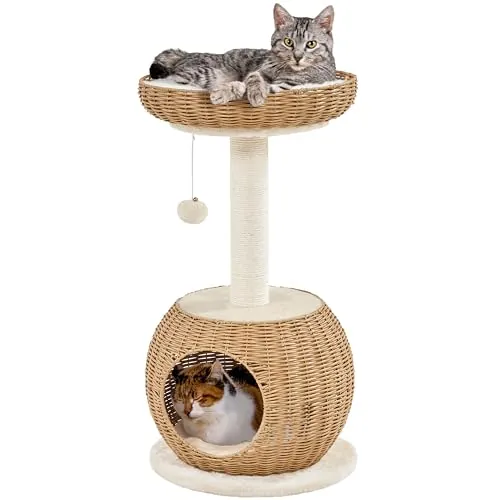 Yaheetech Árbol para Gatos de 2 Niveles Ratán Tejido a Mano 75cm Beige