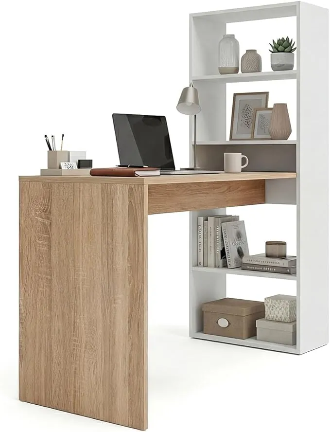 duehome | Escritorio Juvenil con Estanteria Reversible, Mesa de Ordenador, Modelo Cosmic, Acabado en Blanco Artik y Roble Canadian, Medidas: 120 cm (Largo) x 53 cm (Ancho) x 144 cm (Alto)