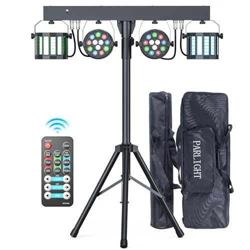 GdjRttk 60W RGBW+Derby DMX Par LED dj luz discoteca con y soporte con control remoto, Iluminación de escenario con trípode ajustable para conciertos, bodas, cumpleaños, Halloween- con bolsa