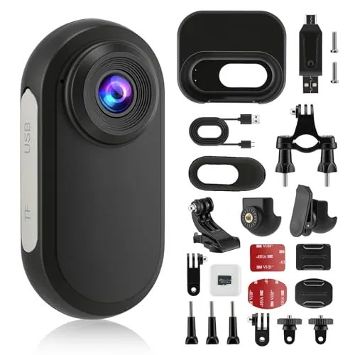 Mini Cámara Deportiva 1080P con 128 GB de Memoria y Estuche Cargador Powerbank – Cámara Corporal Portátil, Mini Cámara de Acción con Clip Magnético, Ideal para Casco, Bicicleta, Esquí y Vlogging