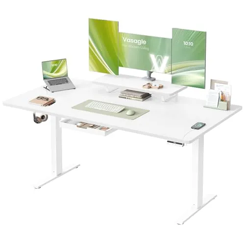 VASAGLE Escritorio Eléctrico Ajustable en Altura, 160 x 80 cm, para Trabajar de Pie, Soporte para Monitor, Cajón, Puerto USB-C, Recordatorio de Sedentarismo, para Oficina, Blanco Nube LSD156WB01