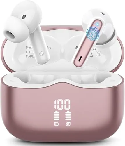 Auriculares Inalambricos Bluetooth, 2026 Auriculares Bluetooth 5.4 con ENC Reducción de Ruido, 40H HiFi Estéreo Cascos Inalambricos Bluetooth con 4 HD Mic, Pantalla LED, IP7 Impermeablem Cascos, Rosa