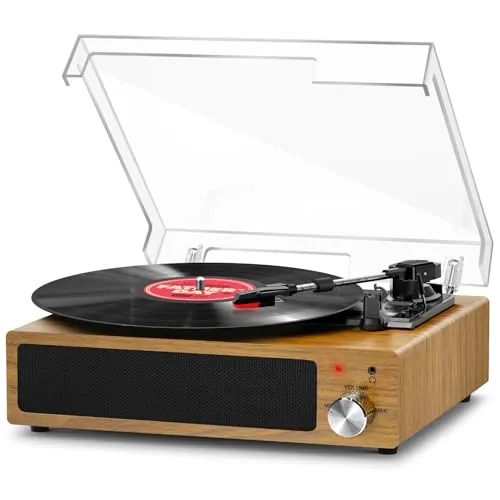 FYDEE Tocadiscos de Vinilo Vintage Bluetooth con 3 Velocidades (33/45/78 RPM), 2 Altavoces Estéreo Integrados, Salida para Auriculares de 3.5 mm, AUX, RCA - Madera de Roble