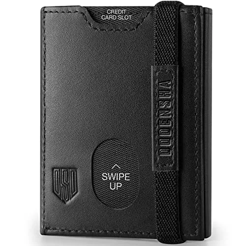 DODENSHA Billetera con Cremallera, 6 Ranuras para Tarjetas, 1 Ranuras para ID, Banda Elástica para Hombre Pequeña, Carteras con RFID, Tarjetero de Piel, Monedero de Cuero (Negro)