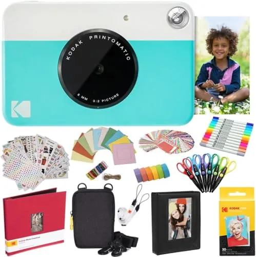 KODAK Printomatic Cámara instantánea (Azul) Paquete Todo Incluido con Papel fotográfico Zink (20 Hojas) y Mucho más.