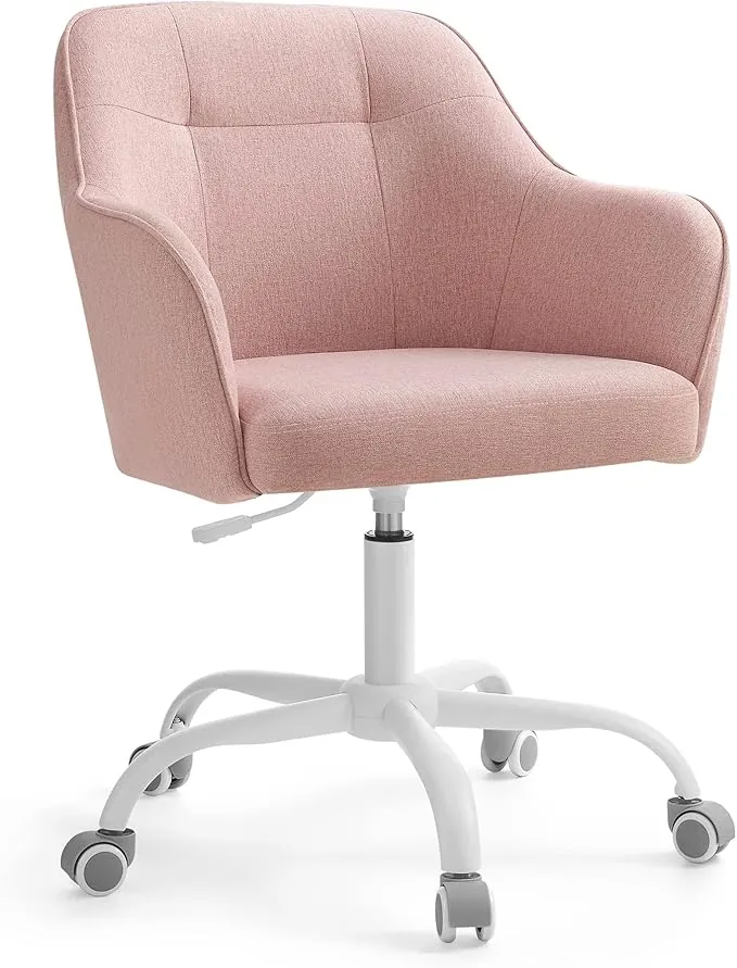 SONGMICS Silla de Estudio, Silla Giratoria, Altura Ajustable, Carga de 110 kg, Marco de Acero, Tela de Algodón-Lino Transpirable, para Estudio, Dormitorio, Rosa OBG019P01