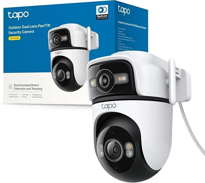 Tapo C545D - Cámara de Seguridad Exterior Wi‑Fi 2K Dual Lente Pan/Tilt con Seguimiento Inteligente, visión Nocturna a Color, detección IA de Personas/Mascotas/vehículos y Audio bidireccional