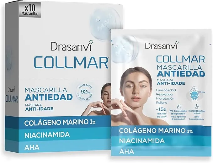 Drasanvi Collmar Mascarilla Facial Antiedad Premium x10 con Colágeno Marino, Niacinamida y AHA | Hidratación Intensa, Firmeza y Luminosidad | Tratamiento Rejuvenecedor