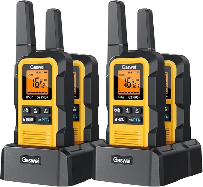 Gaswei G2Pro Walkie-talkies Profesionales para Adultos [IP67 Resistentes al Agua y flotantes] Radio de Largo Alcance con Doble PTT, Alarma SOS, Radio FM (4 Unidades - Amarillo)