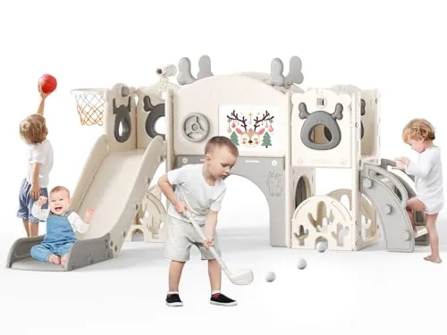 Tobogán para niños con aro de Baloncesto, tobogán temático de Alce, Parque Infantil Interior y Exterior, Kit de Juego de Escalada Independiente con tobogán para bebés (Beige Gris-7 en 1)