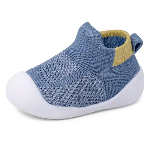LACOFIA Zapatos Primeros Pasos Calzado Transpirable Bebé Niños Niñas Zapatillas Calcetín Bebé con Antideslizantes Suela Goma Azul 6-9 Meses