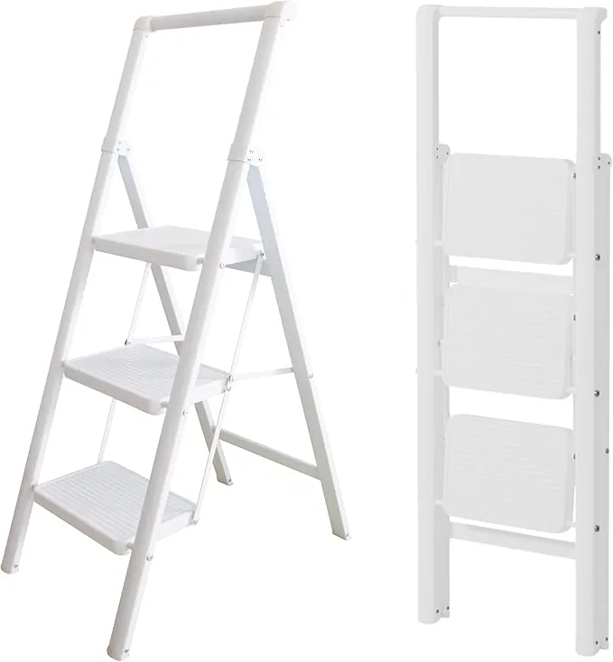 Escalera Plegable 3 peldaños Blanca, Liviana y Estable, peldaños Anchos Antideslizantes, EN 131 150 kg