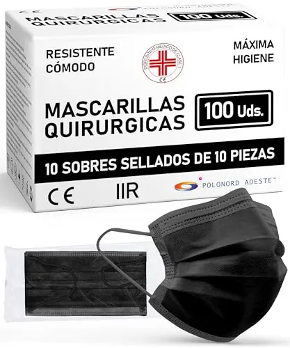 ADESTE – 100 Mascarillas Quirúrgicas desechables Negras Tipo IIR, 3 Capas, Certificada CE Homologada, Material Hipo Alergénicos, Resistente a Salpicaduras, Filtración BFE >98%