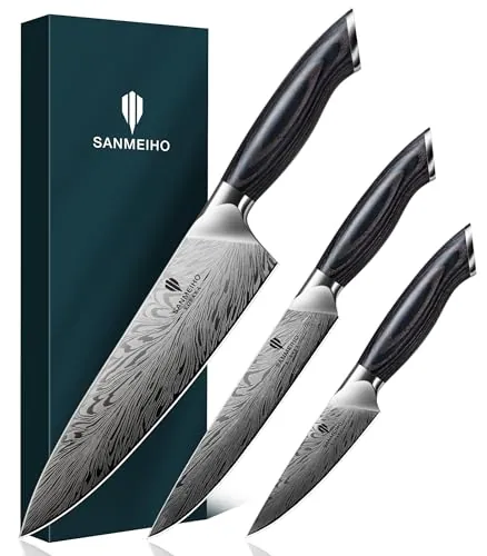 SANMEIHO Set Cuchillos de Cocina Acero en Polvo 3 Piezas, Cuchillos de Chef | Juego de Cuchillos Cocina Ultra Afilados con Cuchillo Multiusos y Puntilla, Mango de Madera Ergonomico para Carne y Fruta