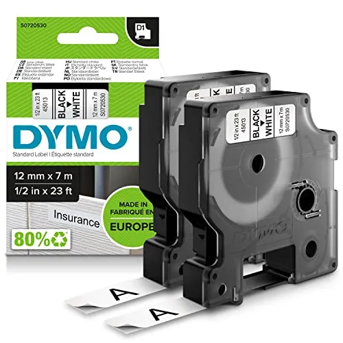 DYMO D1 etiquetas autoadhesivas, Negro sobre blanco, 12mm x 7m, 2 uds. | Recambios de etiquetas para usar en la oficina o en casa, para las impresoras de etiquetas LabelManager, 2 unidades