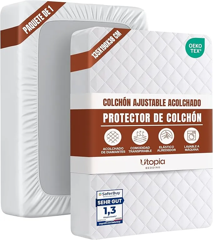 Utopia Bedding Protector de colchón Acolchado, Microfibra, Transpirable, Funda para colchon estira (Blanco, Cama 135 x 190 x 38 cm)