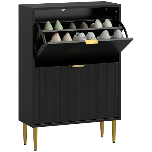 HOMCOM Zapatero Estrecho con 2 Puertas Abatibles 60x24x91,5 cm Negro | Zapatero Entrada Recibidor, Estantes Ajustables, para 12 Pares, Estilo Moderno, Patas de Acero, para Salón, Dormitorio