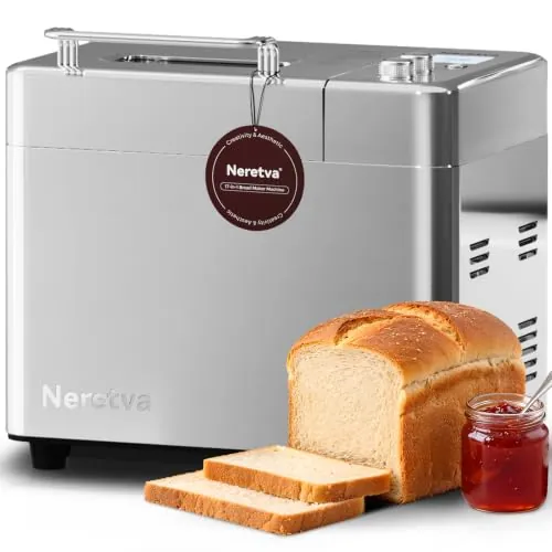 Neretva Silenciosa(<30dB) Panificadora con Dispensador & Doble Calefacción | Molde Cerámico Mntiadherente 1KG y 17 Programas Panificadora de Pan para Gluten/Masa Madre/Integral, Caliente & Temporizador