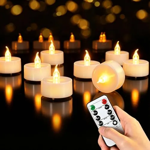 cimetech 12 velas de té LED con temporizador, mando a distancia | velas eléctricas parpadeantes, funcionan con pilas, velas de té para el hogar, habitación, mesa, Halloween, decoración