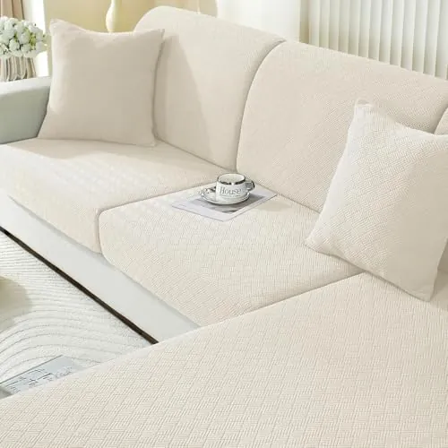 Ystyle Funda Asiento Sofa Elástico, Funda Cojin Sofa Ajustable Antiarañazos, Cubierta Protector De Asiento Funda De Cojín Separado Antideslizante (1 Asiento*2+Chaise Longue, Crema)