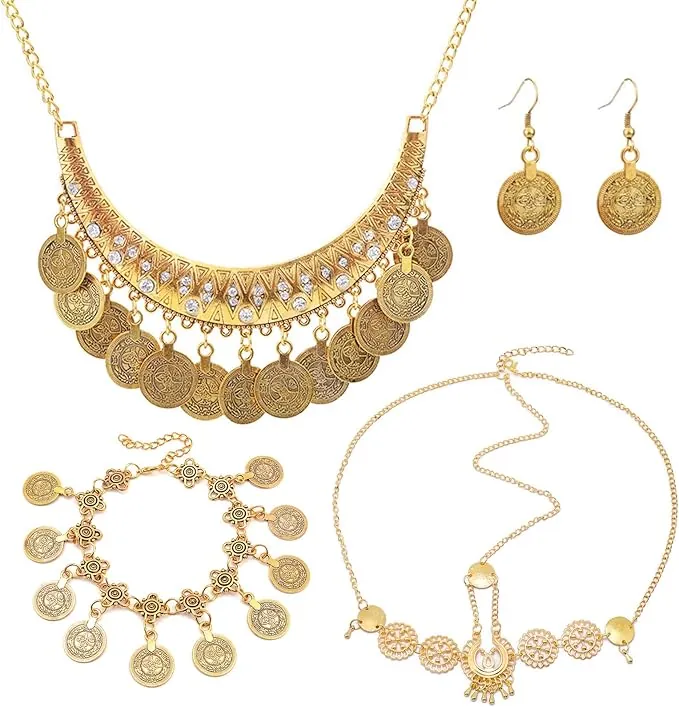 Hifot 4 Piezas Conjunto Collar y Pendientes Pulsera Diadema de Moneda, Conjuntos de Bisutería Bohemia Mujer, Collar de Moneda Étnico Danza Del Vientre Adivino