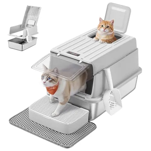 Feandrea Arenero Gato, Acero Inoxidable, con Tapa, hasta 15 kg, Gris Claro