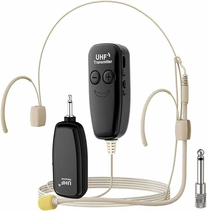 Micrófono inalámbrico de Diadema, Sistema de Altavoces UHF con Tono de Piel, Amplificador de Voz Beige, Alcance de 50m, para Profesores, Guías Turísticos, Entrenadores de Fitness y Conferencias