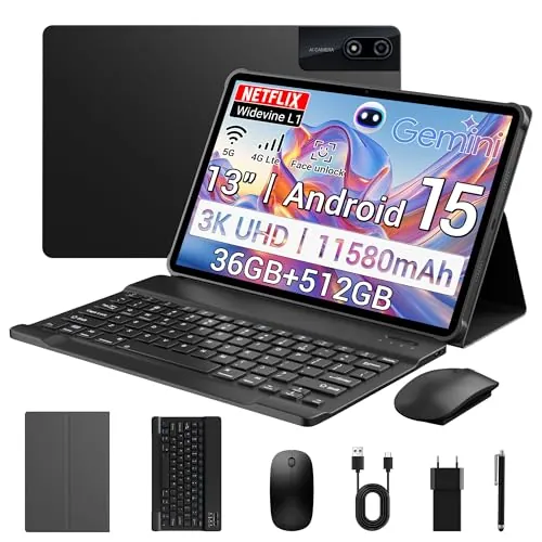 PIXGOOD 3K Tableta 13 Pulgadas con Android 15, 36GB RAM, 512GB ROM (Extensión 2TB), 4G Lte丨5G WiFi, 2940 * 1840UHD, 11580mAh, G99 Octa-Core, 13MP+8MP, Tablet con Teclado丨GPS丨Bluet丨4 Speakers-Nero