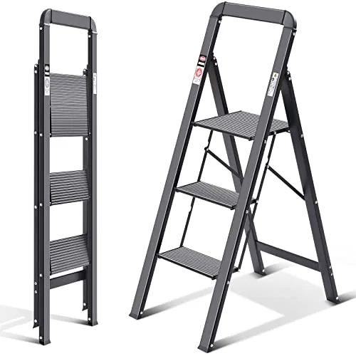 KINGRACK Escalera de Tijera 3 Peldaños, Escalera de Tijera Plegable con Barandilla, Escalera Doméstica Antideslizante con Mecanismo Antiplegado, Taburete de Aluminio, Carga Máxima de 150 kg, Negro.
