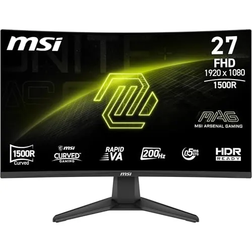 MSI mag 276CFA E20 Monitor Gaming de 27" FHD 1500R, 1920 x 1080 Rapid VA, 200 Hz, 0,5 ms, Compatible con HDR, AMD FreeSync™ Premium, Eye-Care, visión AI, HDMI 2.0b, DP 1.2a, Frameless, Negro
