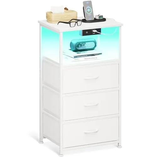 Coleshome Mesita de Noche Blanca de Tela, 1 Enchufe, 2 USB, LED