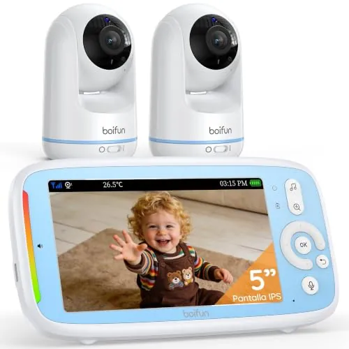 BOIFUN 5" Camara Vigilancia Bebe con 2 Camaras, Sin WiFi, Rotación 360°