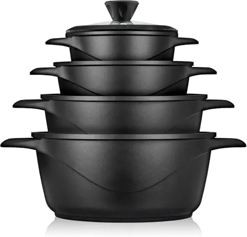 briebe Batería Cocina Inducción 8 Piezas, Juego 4 Ollas Aluminio Fundido, Antiadherente ILAG GRANITEC sin PFOA, Set Cazuelas Tapas Cristal, Guantes Silicona, Vitrocerámica, Gas, Horno.
