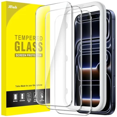 JETech Protector Pantalla para iPhone 17 Pro 6,3 Pulgadas, Cristal Vidrio Templado con Marco de Instalación Fácil, 9H Dureza, Amigable para Funda, 3 Unidades