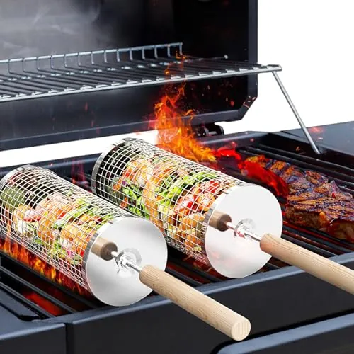 ivtivfu Cesta de Parrilla Rodadiza, Mango Extraíble, Acero Inoxidable 304 | Anidadas Accesorios Barbacoa carbon para Verduras, Utensilios bbq para Exterior Camping, Regalos Originales Hombre cumpleaños
