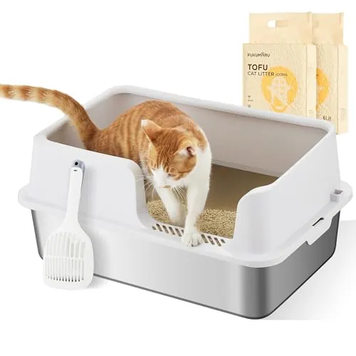FUKUMARU Arenero para Gatos de Acero Inoxidable XXL, Paredes Altas, Gran Capacidad de 30L, con Dos Bolsas de Arena para Gatos de Tofu, No Adhesivo, Fácil de Limpiar, Incluye Pala, 60x40x30cm