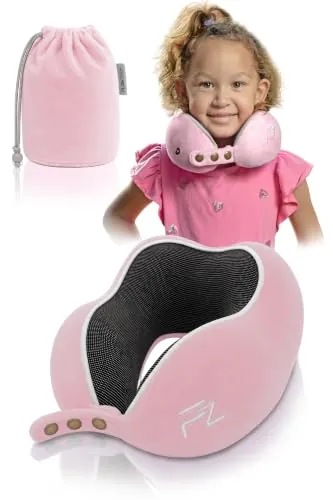FLOWZOOM Comfy Kids Almohada de Viaje para Niños Mayores de 3 Años – Cojín Ajustable con Funda Suave y Lavable – Cojín de Viaje Viscoelástica para Coche, Tren y Avión - Rosa, Talla M (3-5 Años)