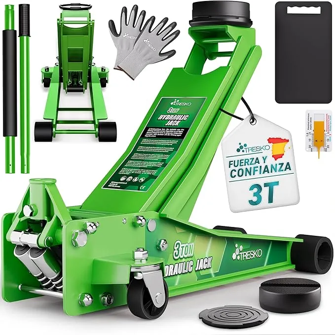 TRESKO Gato hidráulico 3T, altura de elevación de 75 – 510 mm, hidráulico, plano, doble pistón y ruedas de 360°, incluye 2 almohadillas de goma, alfombrilla protectora, guantes (verde, 3 toneladas)