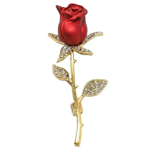 BEAMARKER Broche de Rosa Roja con Diamantes de Imitación, Alfiler de Aleación de Esmaltado con Forma de Rosa, Flor Roja, Cristal Dorado, Alfileres de Solapa con Hojas s, Accesorios de Joyería par
