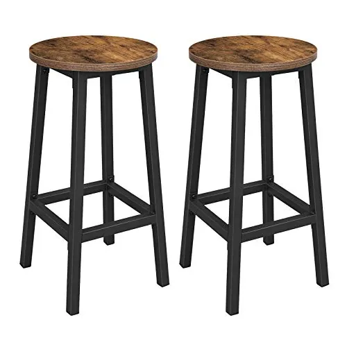 VASAGLE Taburete de Bar, Juego de 2, Sillas de Bar, Sillas de Cocina con Marco de Metal, Altura 65 cm, con Reposapiés, para Cocina, Salón, Comedor, Marrón Rústico y Negro Clásico LBC32X