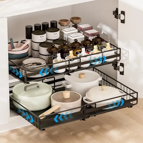 2 Piezas Cajón Telescópico Cajones Extraibles Armario Cocina Cajón Deslizante Para Alacena Cajón de Cocina Extensible Organizador de Cajones Ancho Ajustable 31-50cm/32-52cm, Sin Taladrar (Negro)