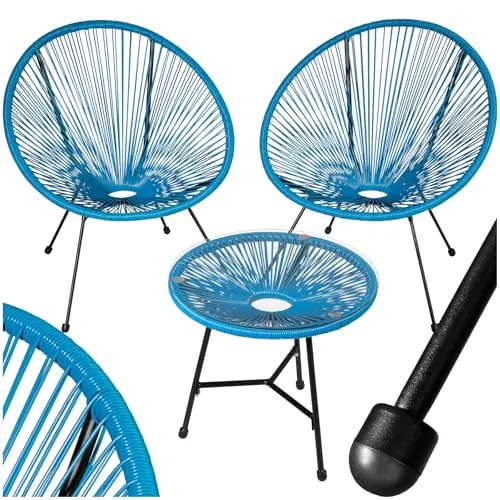 tectake® Conjunto Muebles Jardín Exterior de Acero, Estilo Acapulco, 2 Sillas y 1 Mesa con Cristal, Mesa y Sillas de Terraza Resistentes a Intemperie,Topes en Patas, para Interior y Exterior - azul