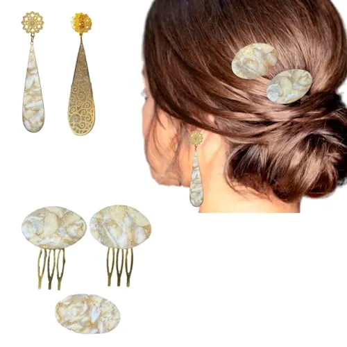 Complementos Flamenca-Pendientes Flamenca Mujer, 2 Peinetas Para el Pelo y Broche para Mantones de Flamenca. Imitación Piedra Natural, Hechos a Mano. Accesorios Sevillana-Flamenca (LAGRIMA PLANA)